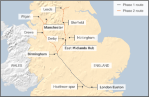 This is the route of the HS2 showing all the areas involved including London and Manchester
